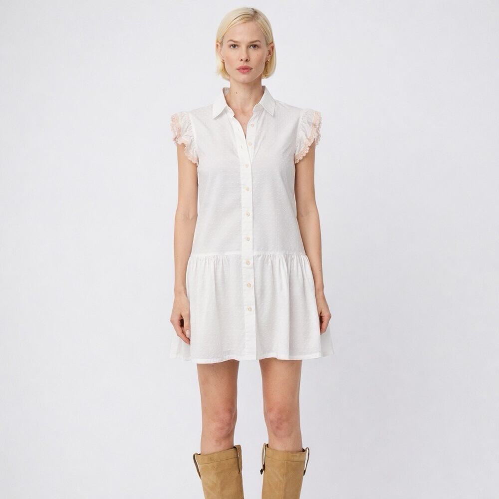 White Button-Front Mini Dress with Ruffle Sleeves